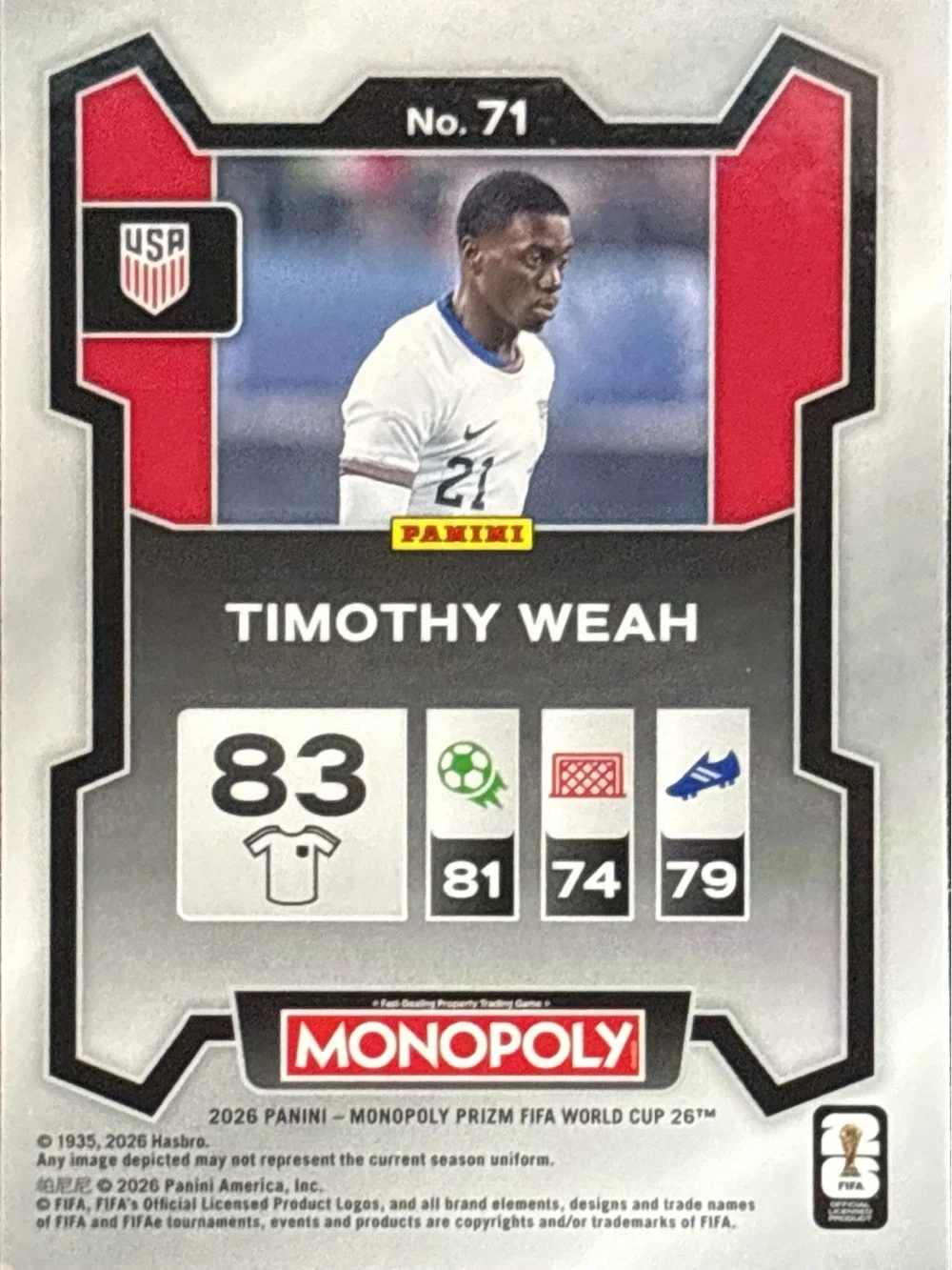 Panini Monopoly Timothy Weah Soccer Card